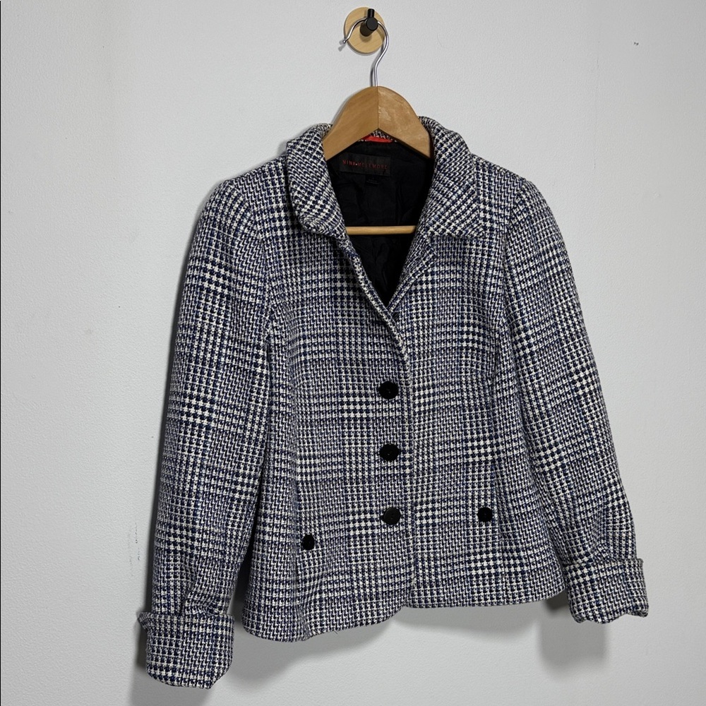 Nina McLemore Women’s Navy White Tweed Wool Blend Jacket 2 Classic‎ Work Blazer